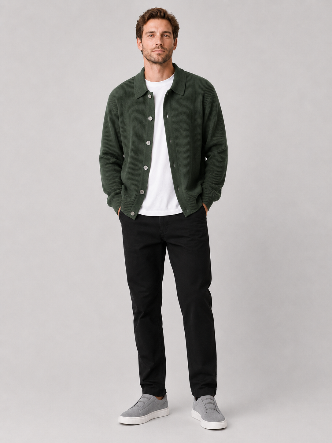 Green open front cardigan sweater for men loose fit layering piece for everyday wear