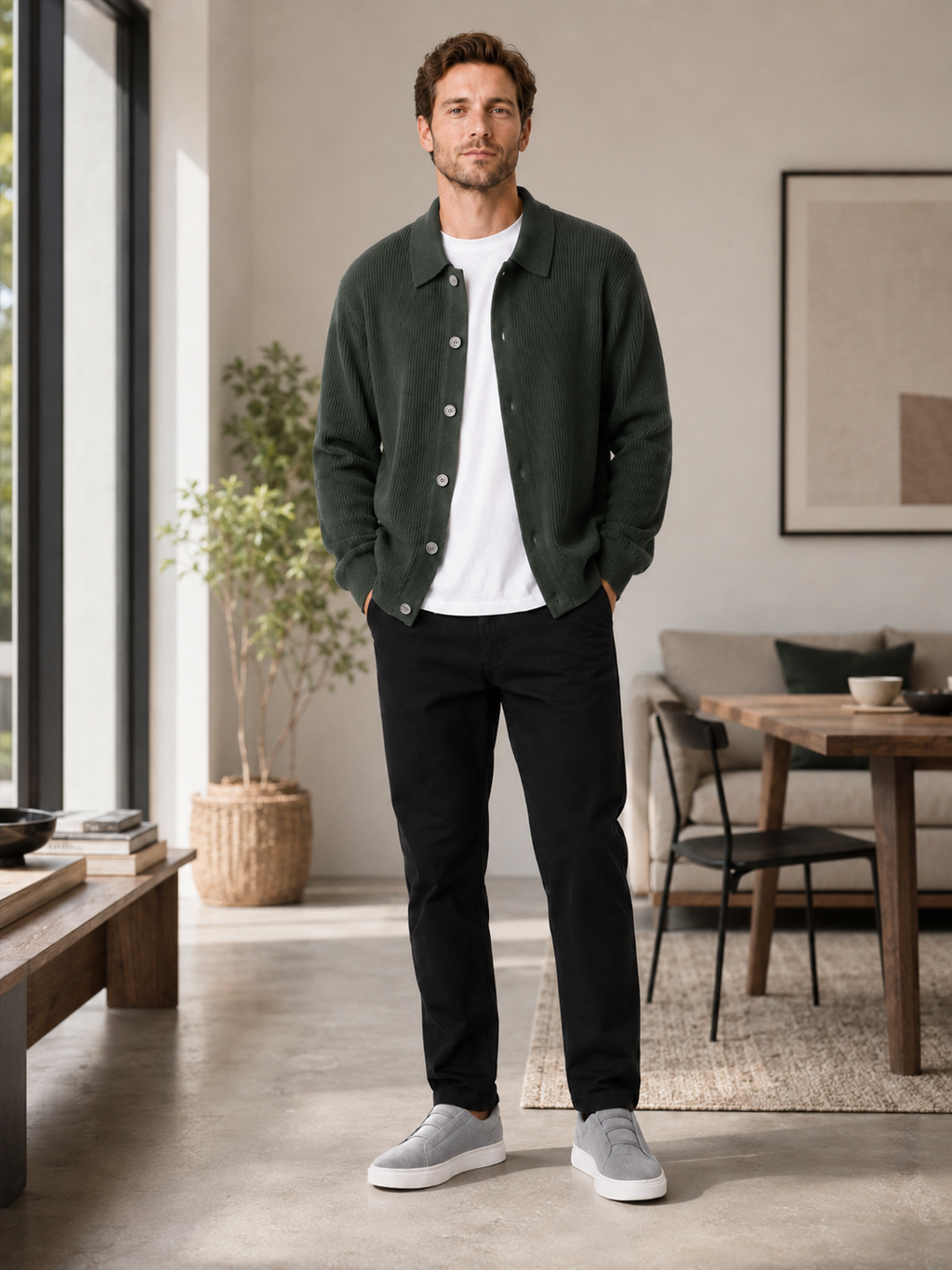 Man styling green open front cardigan sweater in a relaxed everyday lifestyle outfit