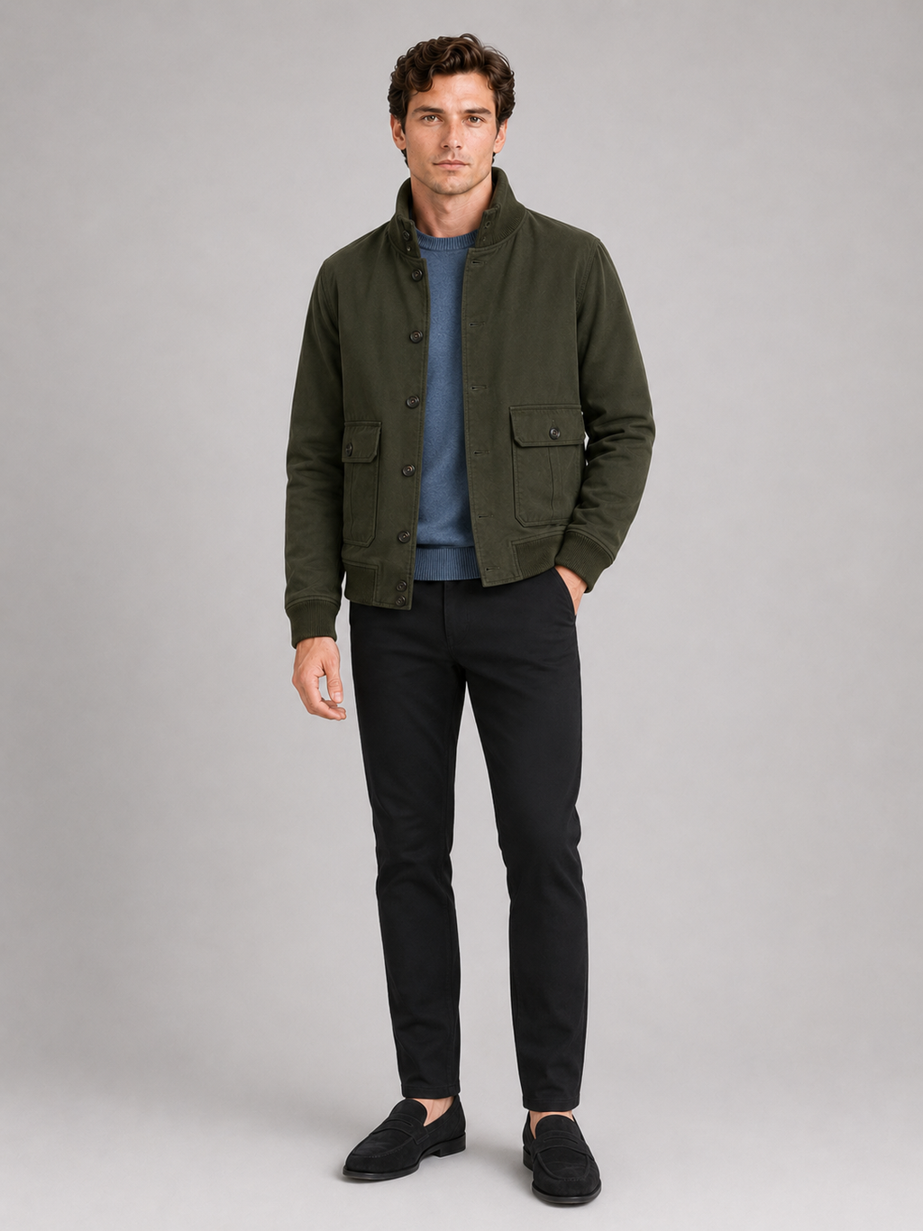 Green cargo jacket for men stand collar fall winter outerwear for everyday and outdoor wear