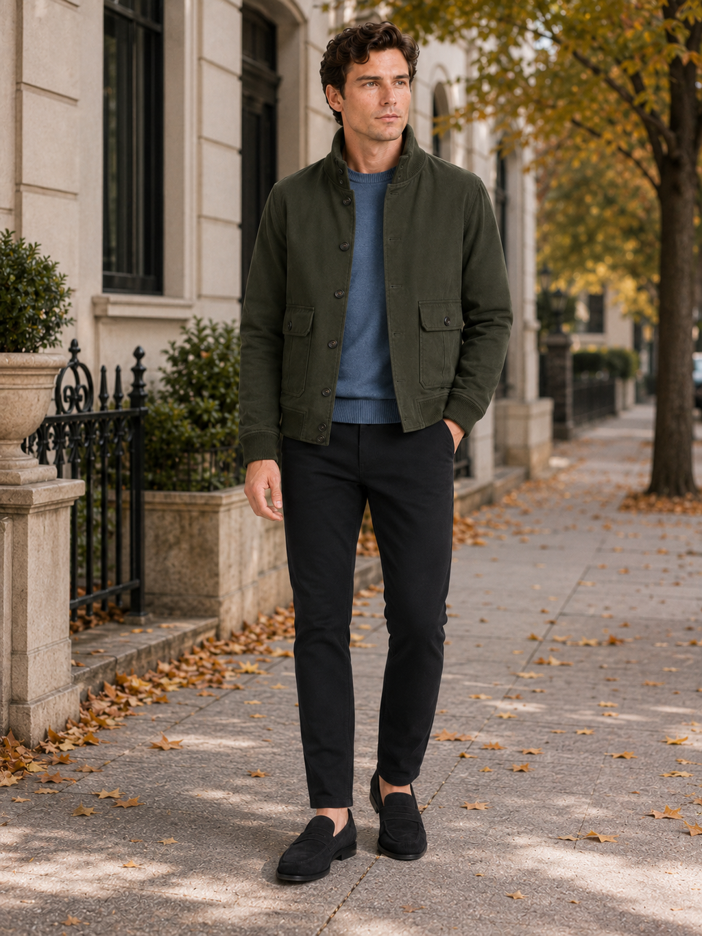 Man styling green cargo fall jacket in a rugged outdoor and everyday lifestyle outfit