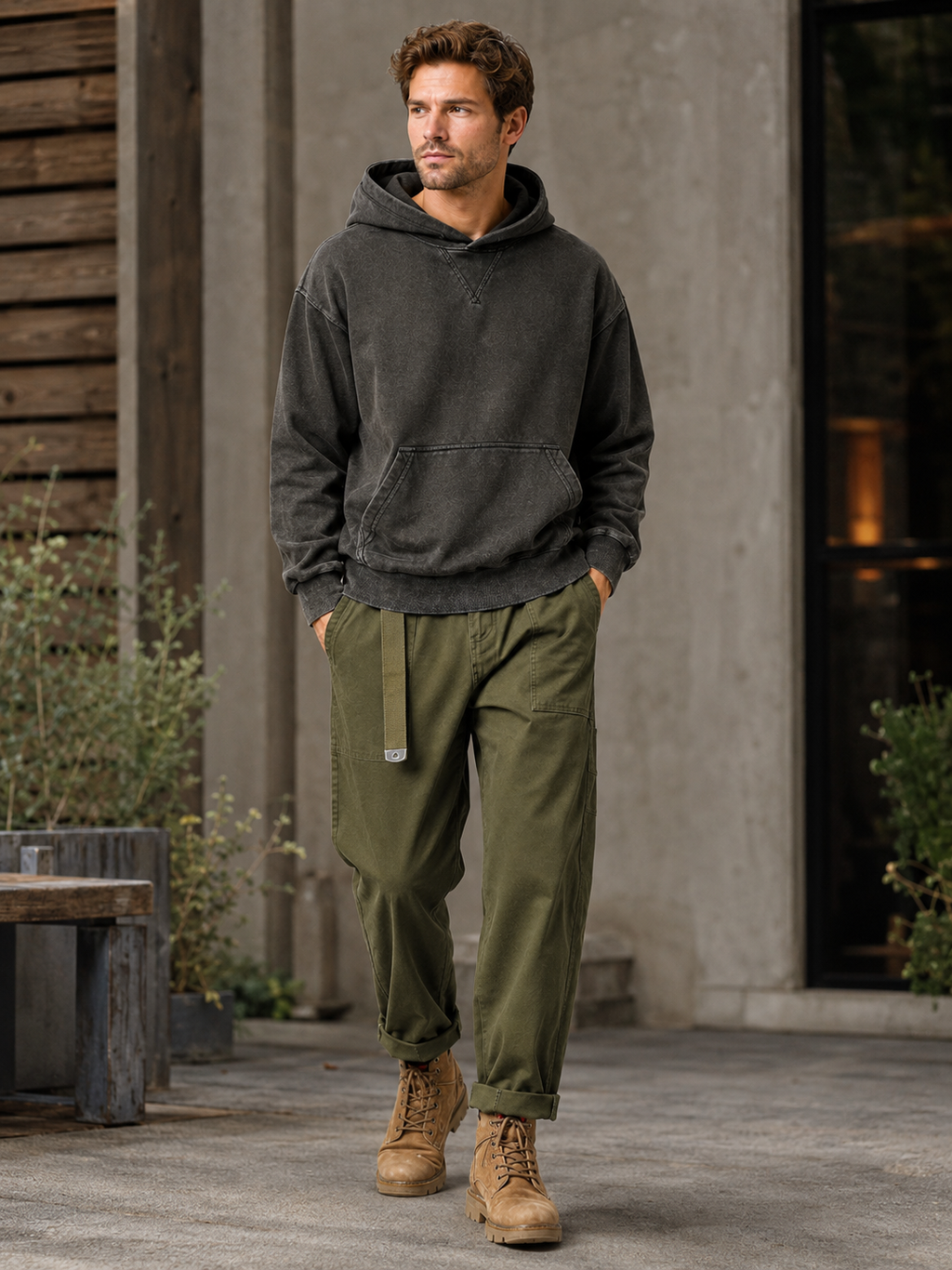 Man styling green cargo pants in a rugged outdoor and everyday lifestyle outfit