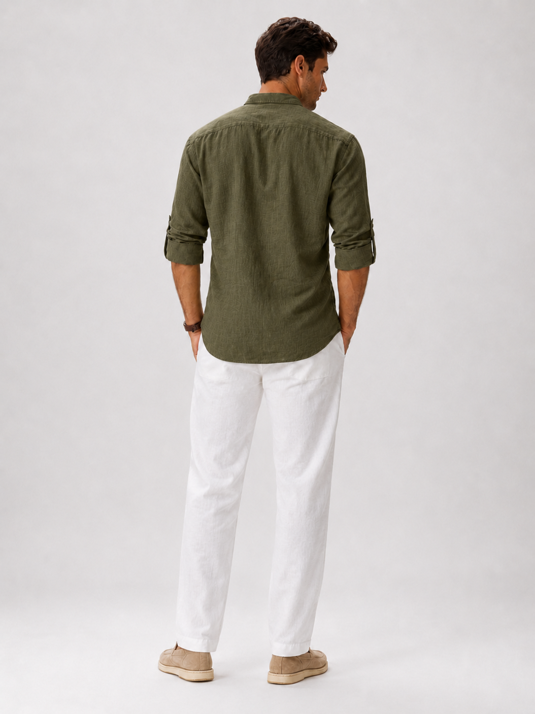 Men’s green button up shirt with band collar breathable fabric for vacation outfits