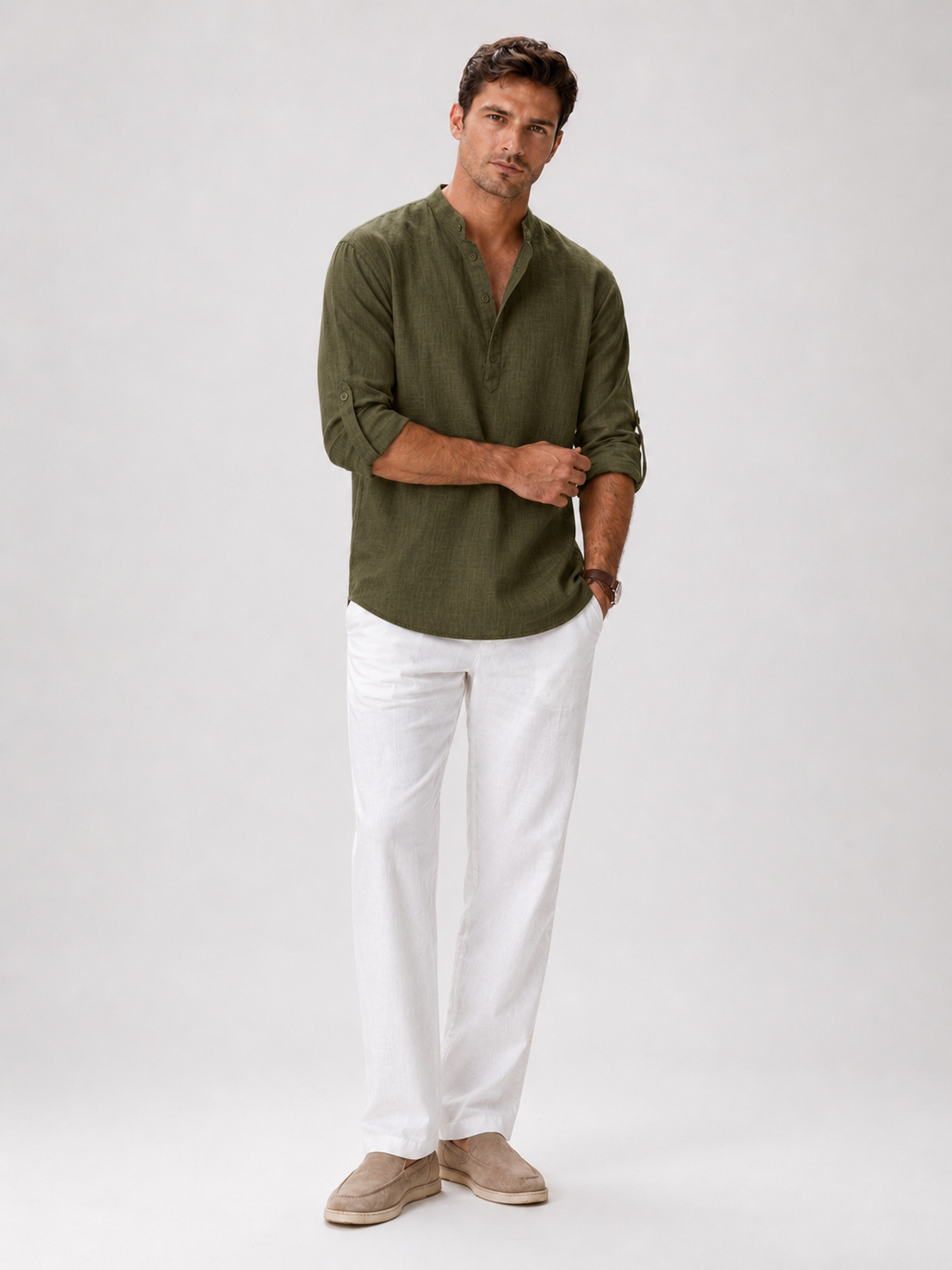 Green band collar shirt for men lightweight summer top for coastal casual wear
