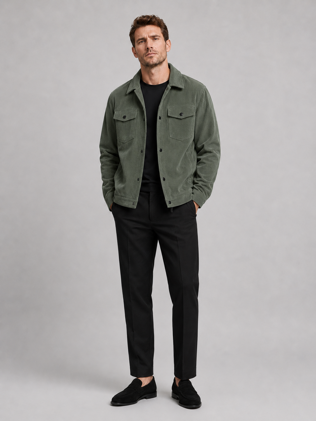 Green corduroy jacket for men loose fit fall casual coat for everyday and streetwear wear