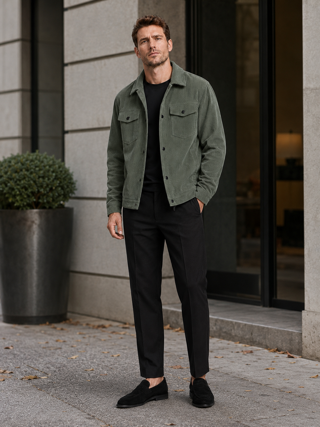 Man styling green corduroy jacket in a rugged streetwear and everyday lifestyle outfit
