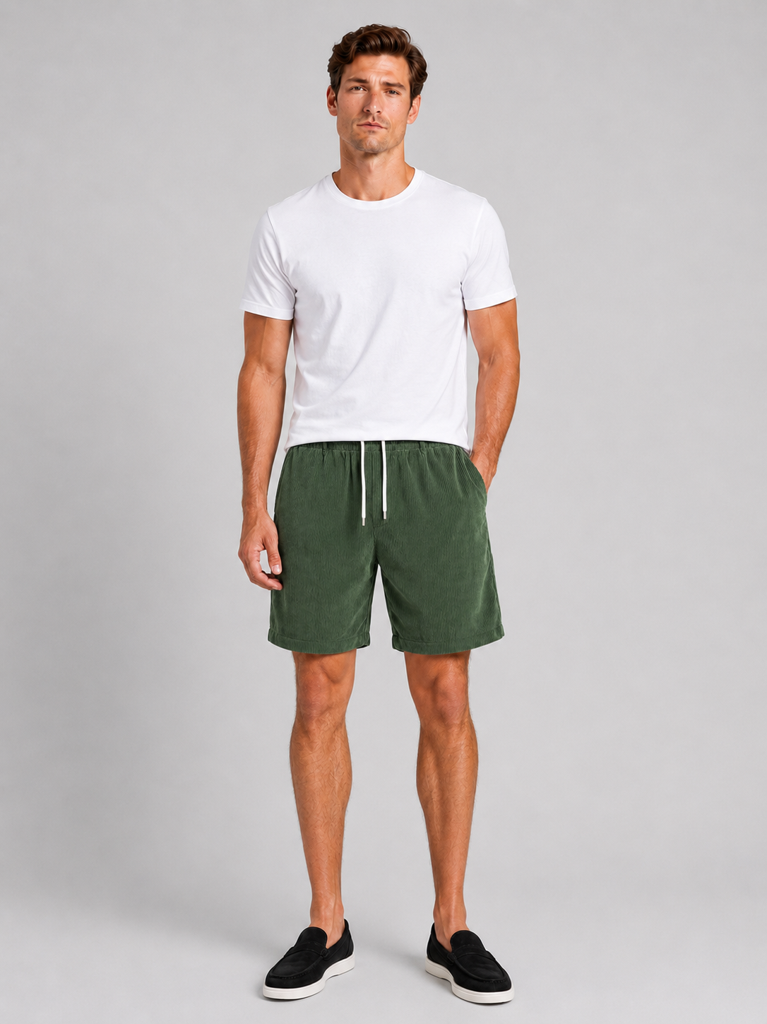 Men wearing green corduroy shorts drawstring loose fit summer casual beach style