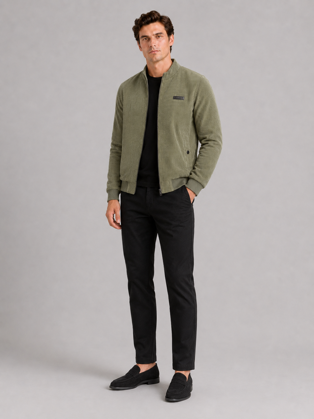 Green corduroy workwear jacket for men lightweight padded coat for everyday fall wear