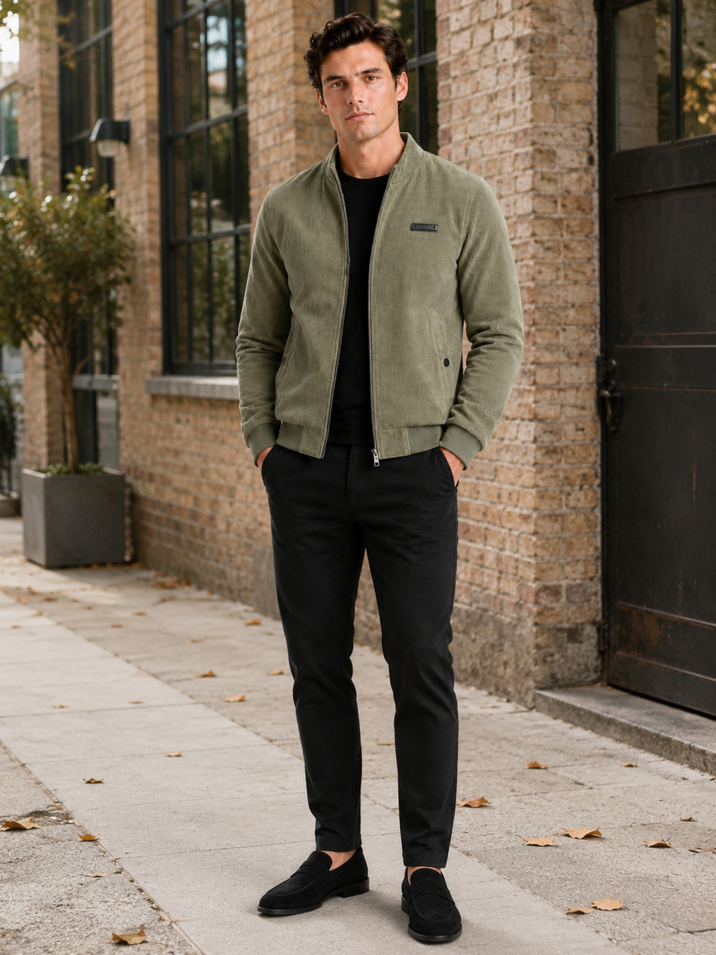 Man styling green corduroy workwear jacket in a rugged outdoor and everyday lifestyle outfit