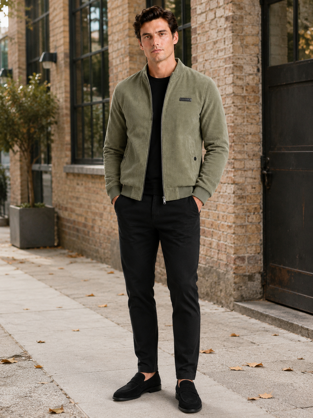 Man styling green corduroy workwear jacket in a rugged outdoor and everyday lifestyle outfit