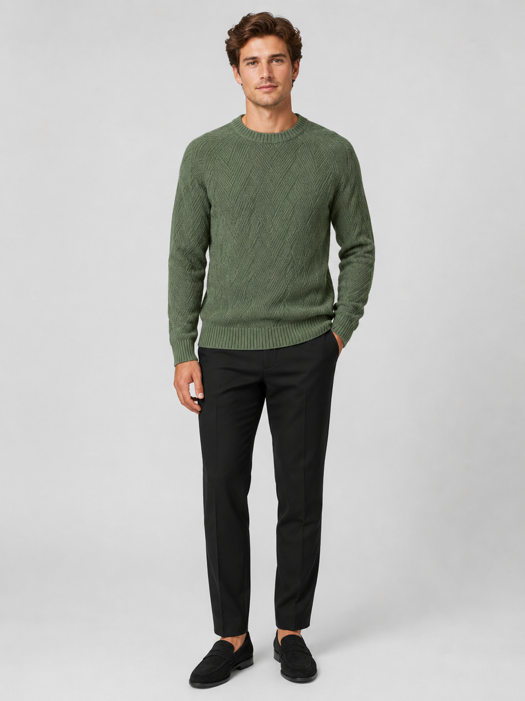 Green crewneck sweater for men comfortable fall pullover for everyday wear