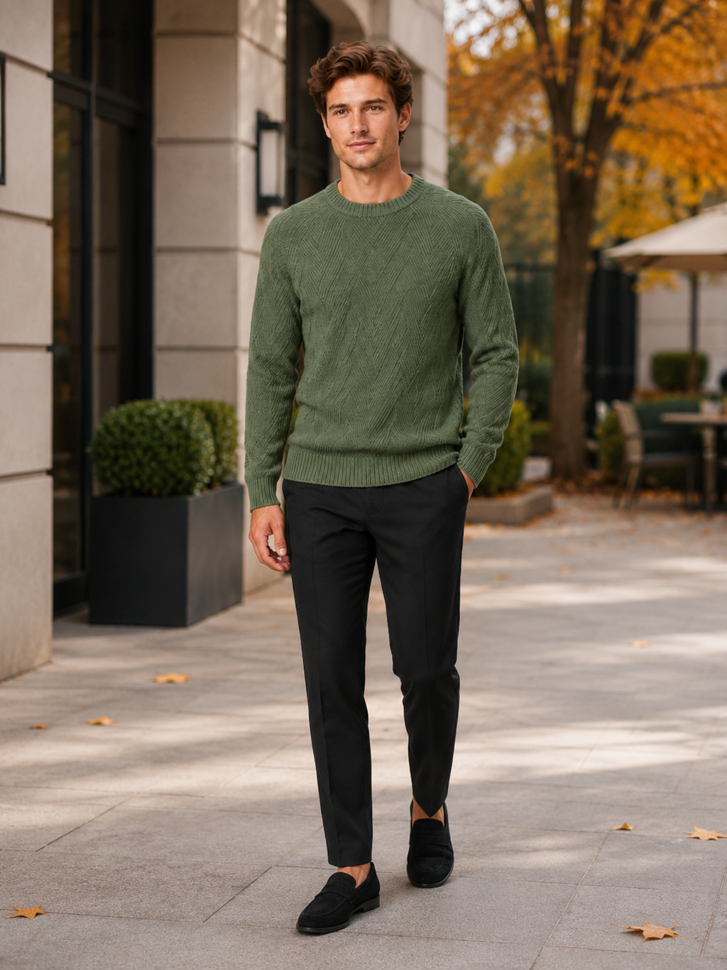 Man styling green crewneck sweater in a relaxed fall everyday lifestyle outfit