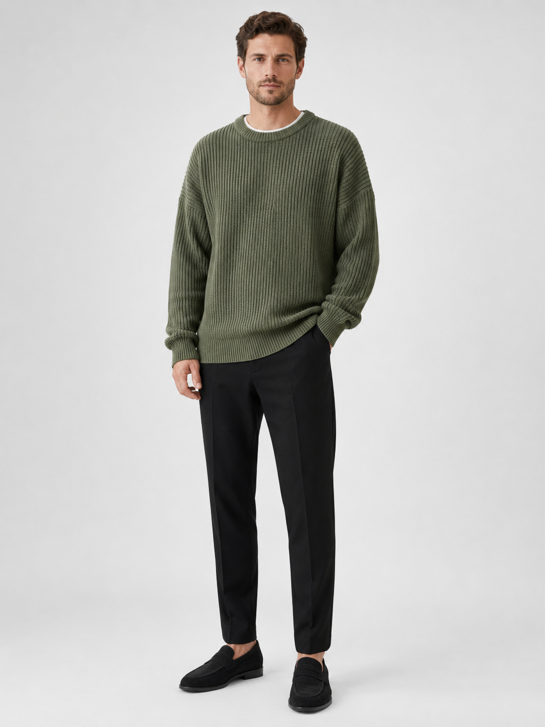 Green crewneck sweater for men loose fit fall pullover for everyday wear