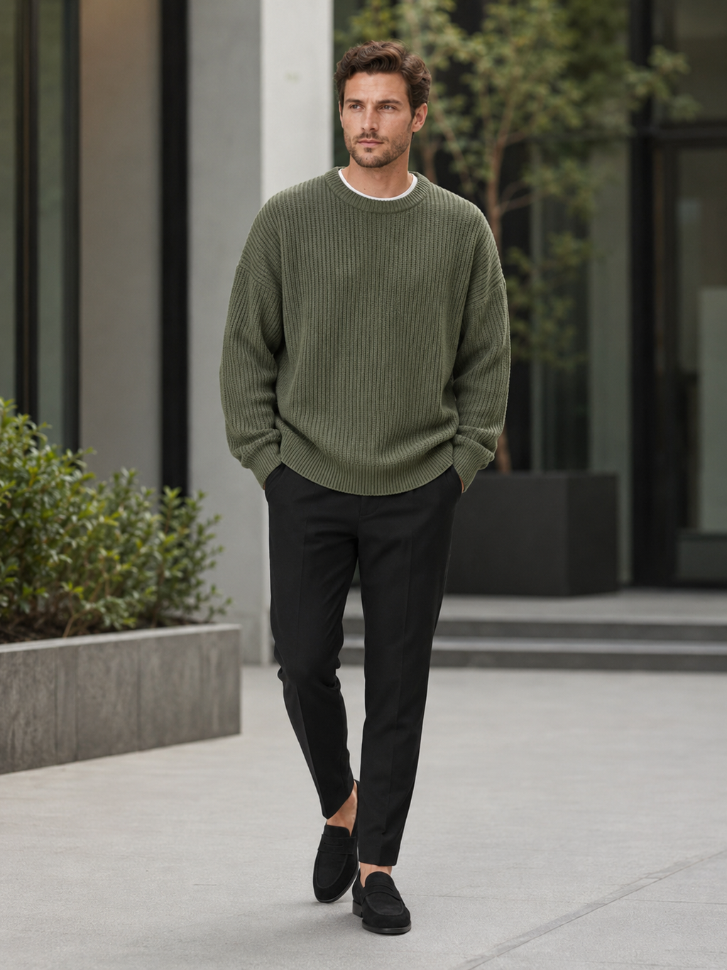 Man styling green crewneck sweater in a refined everyday fall lifestyle outfit