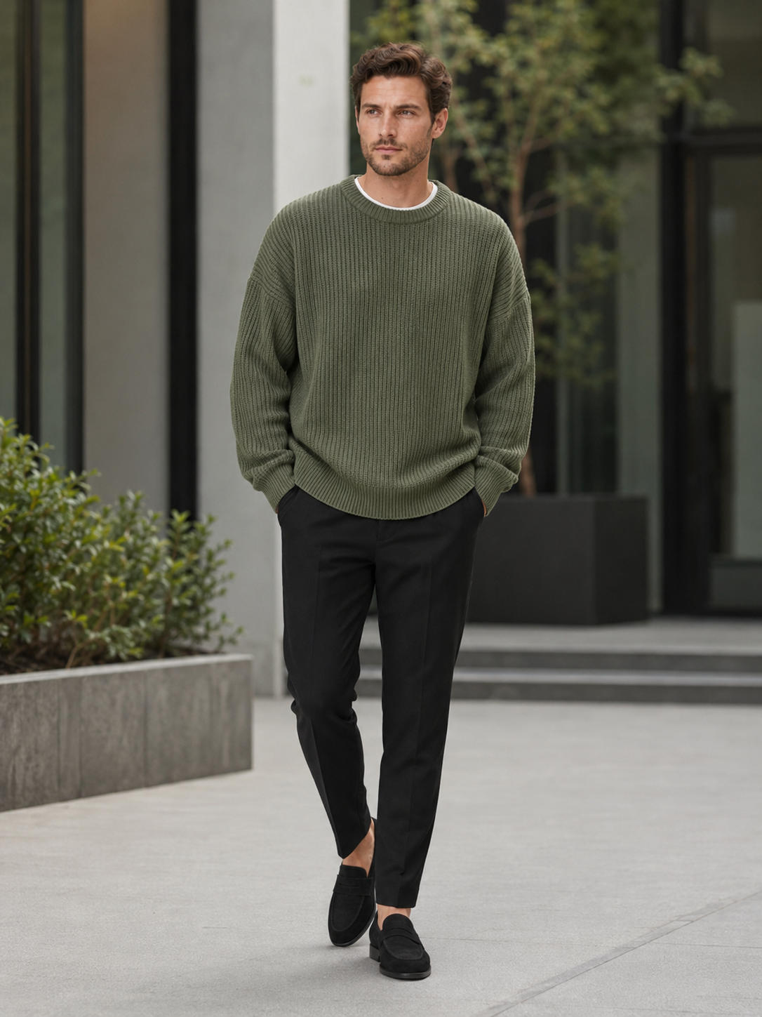 Man styling green crewneck sweater in a refined everyday fall lifestyle outfit