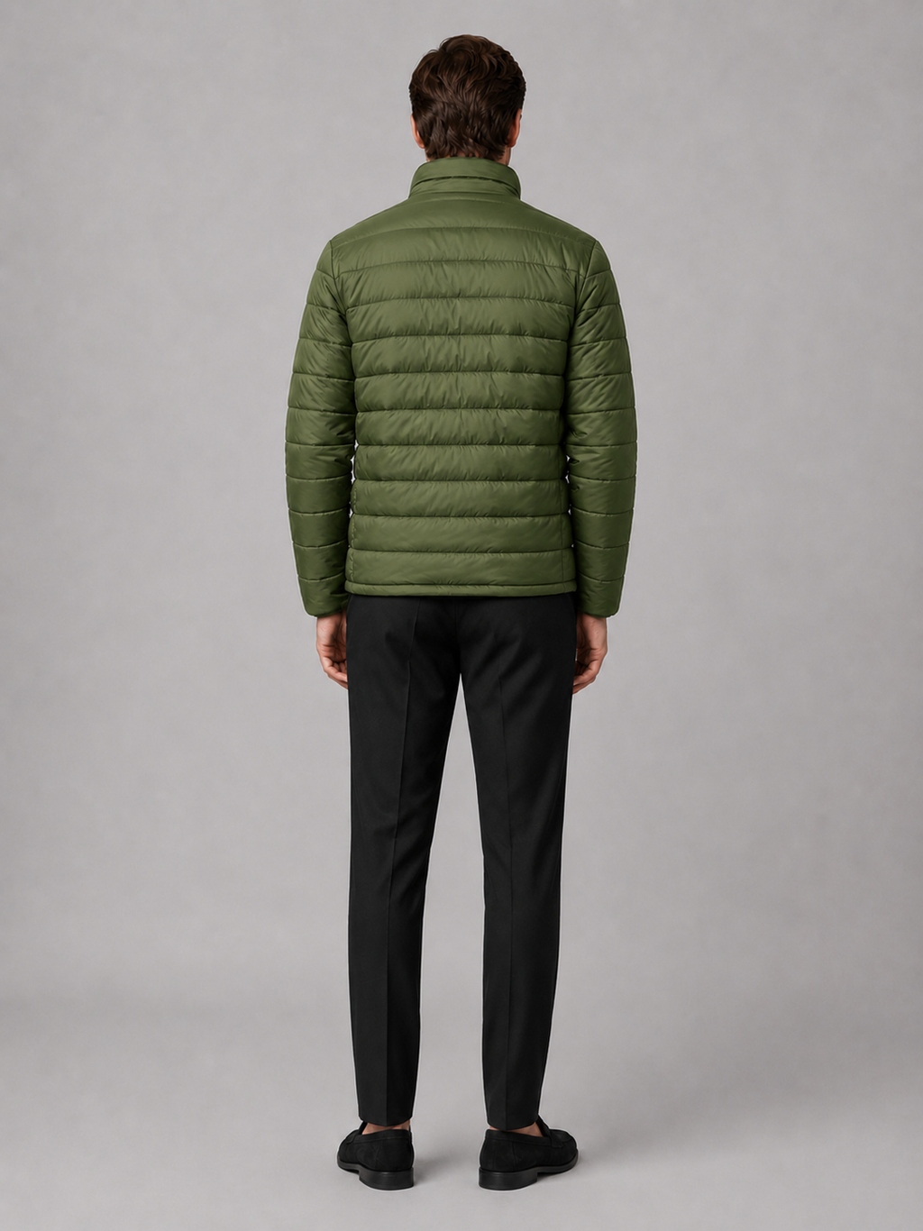 Men’s green insulated down jacket comfortable cold weather outerwear for hiking and casual outfits