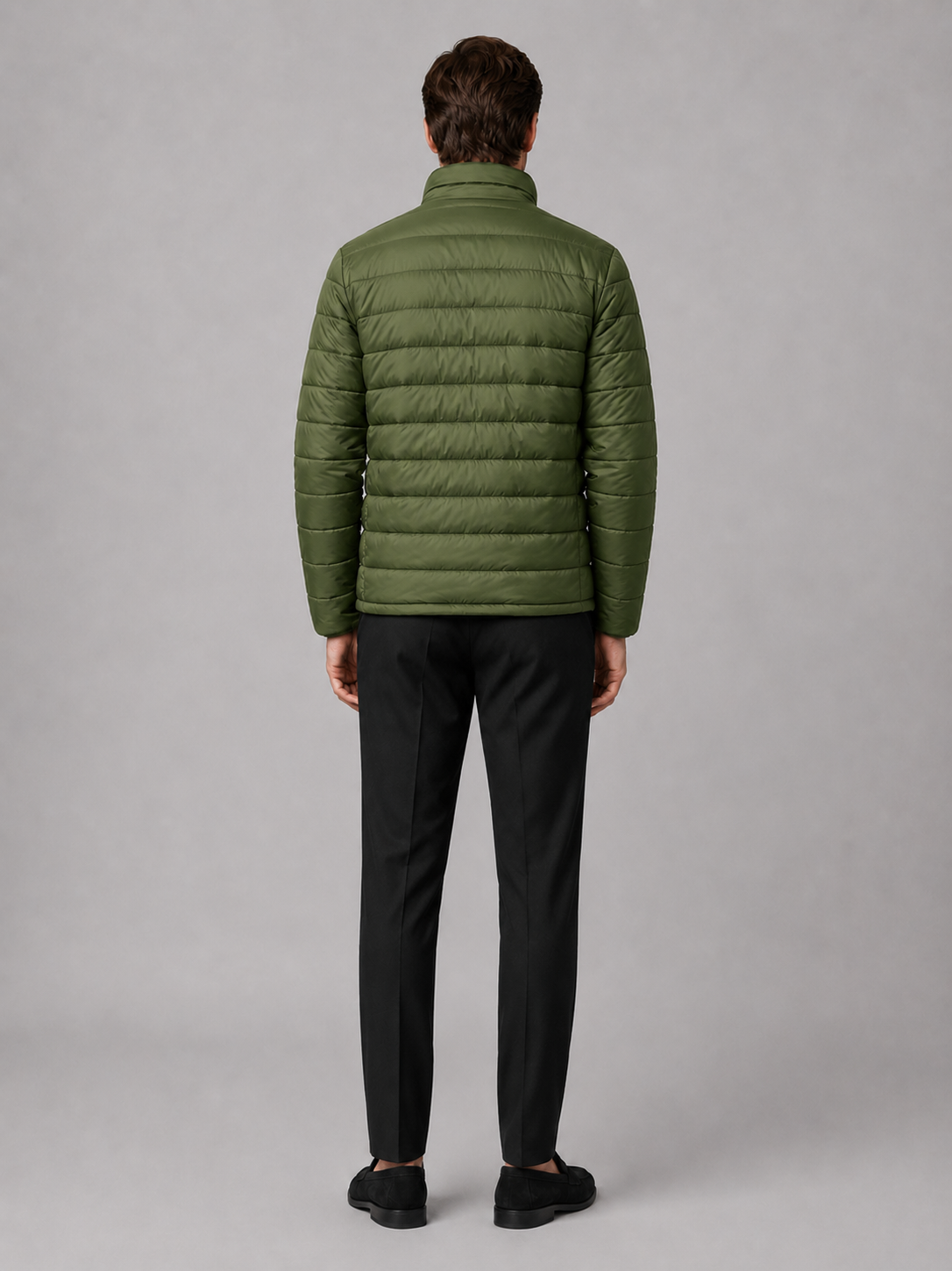 Men’s green insulated down jacket comfortable cold weather outerwear for hiking and casual outfits