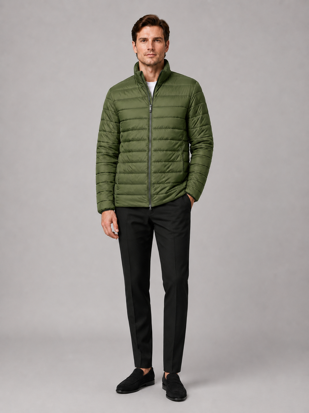 Green down puffer jacket for men warm windproof waterproof winter coat for outdoor and everyday wear