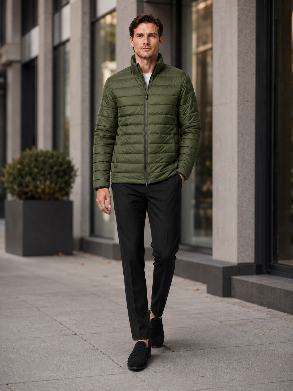 Man styling green down puffer jacket in a rugged outdoor and everyday winter lifestyle outfit