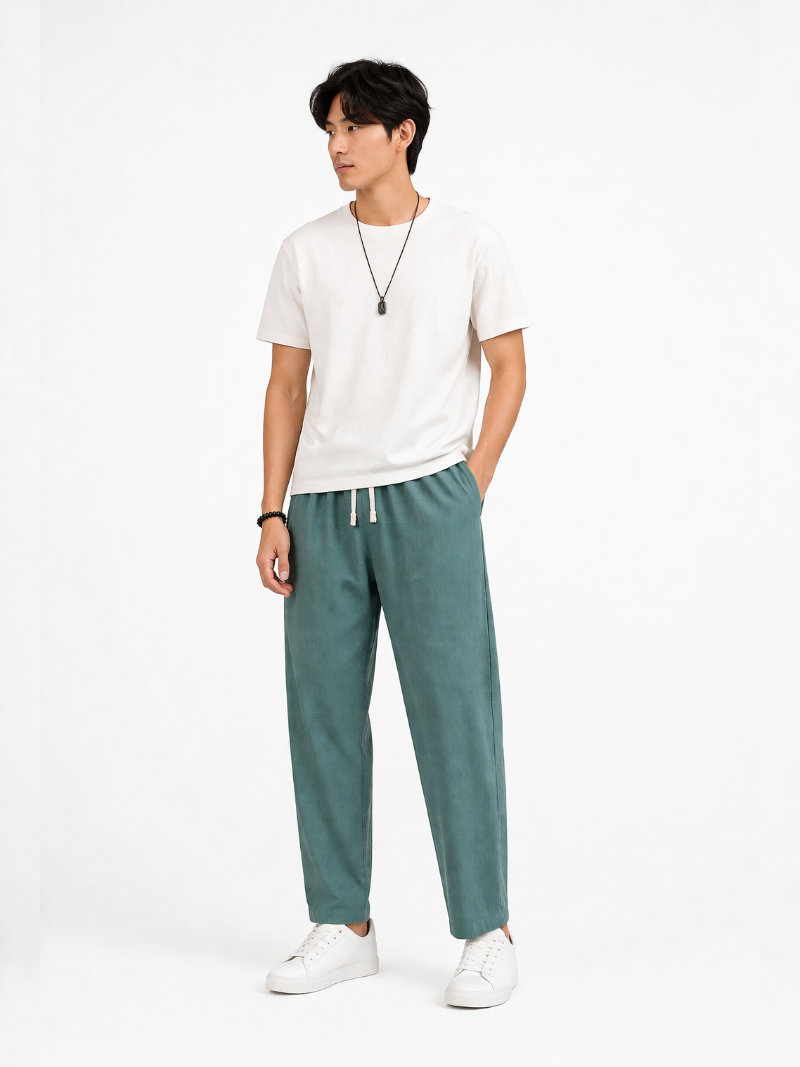 Green drawstring pants for men soft breathable fabric casual loose fit summer outfit