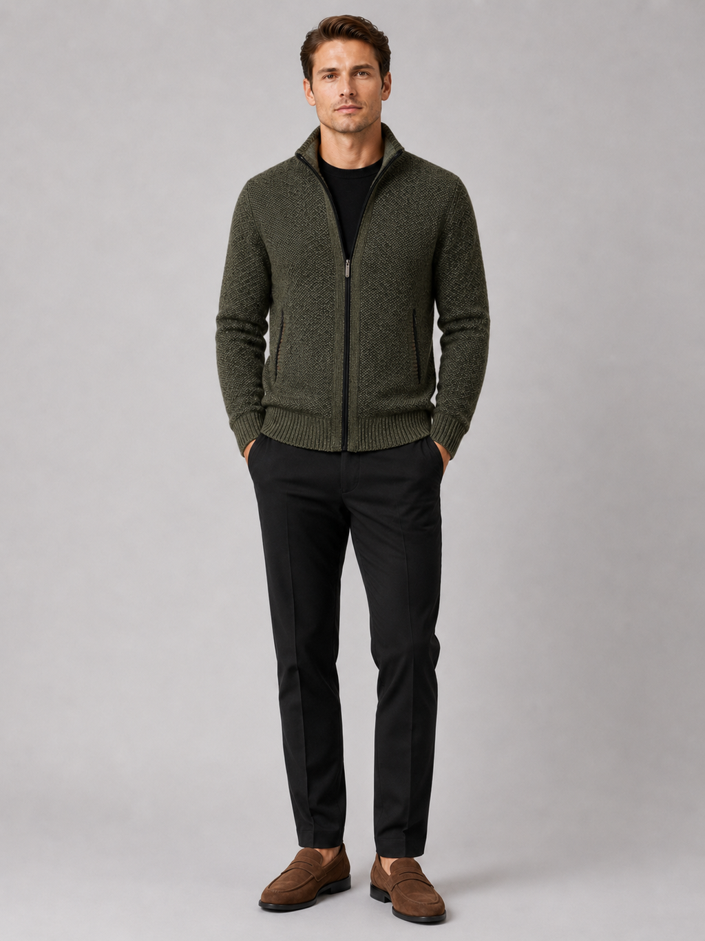 Green fleece cardigan sweater for men full zip warm knit jacket for everyday wear