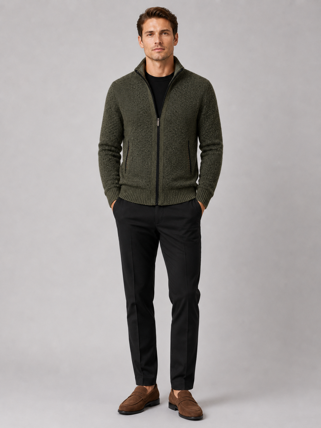Green fleece cardigan sweater for men full zip warm knit jacket for everyday wear