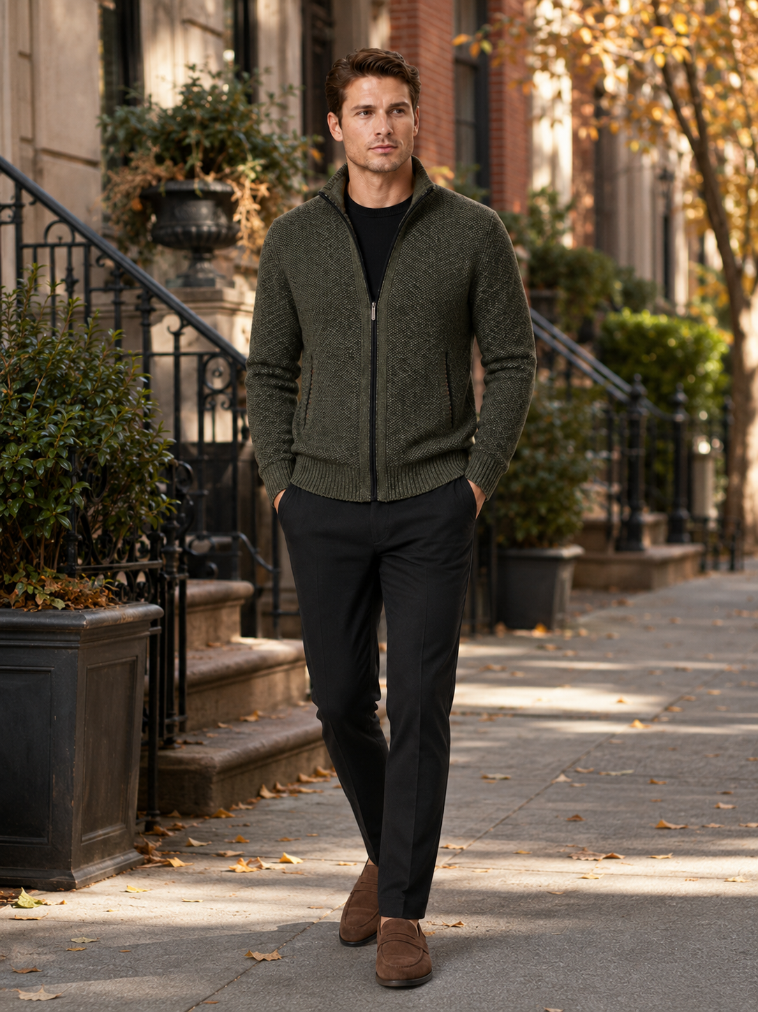Man styling green fleece cardigan sweater in a rugged everyday winter lifestyle outfit