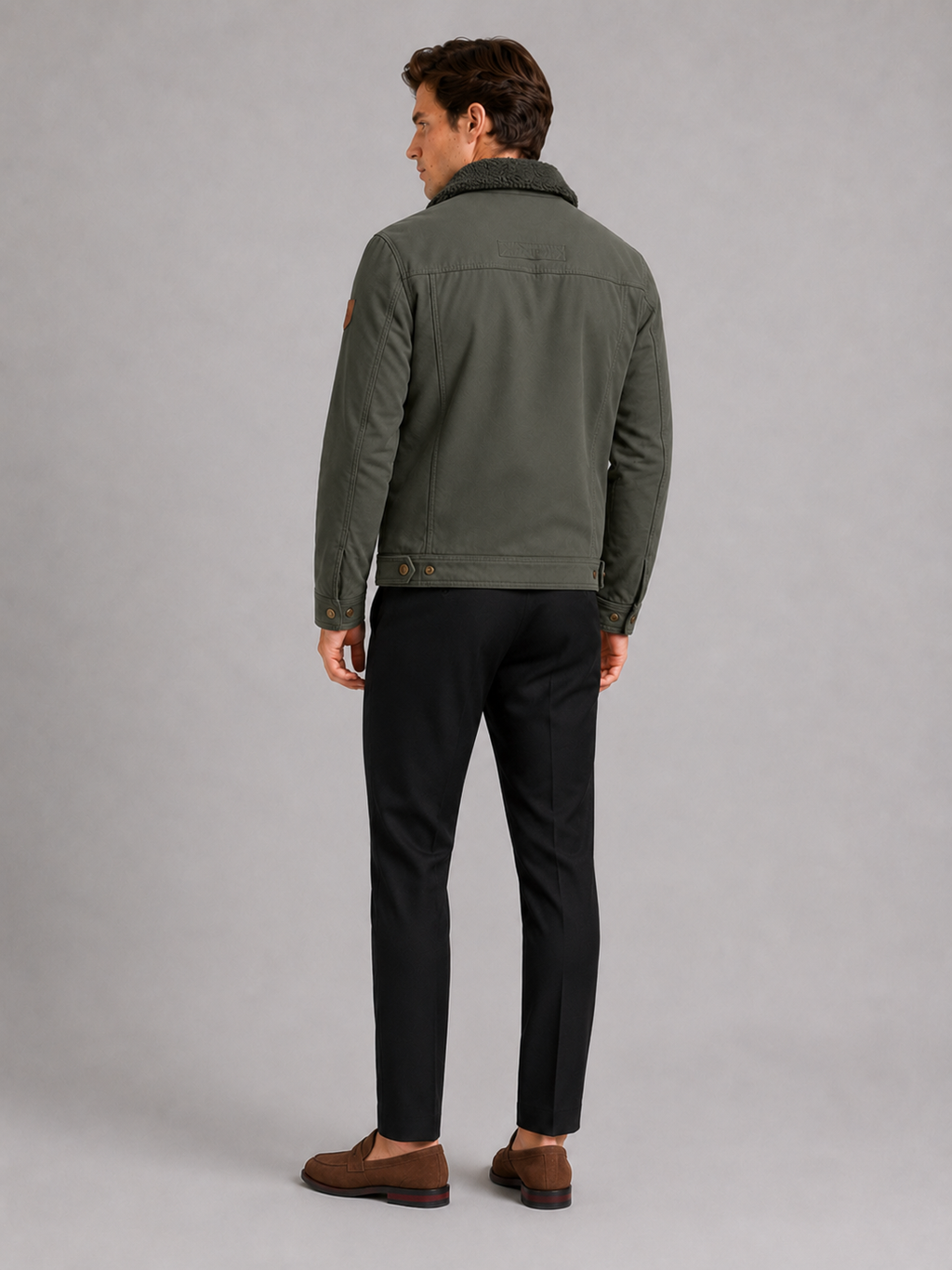 Men’s green windproof winter jacket with fur collar comfortable cold weather coat for casual outfits