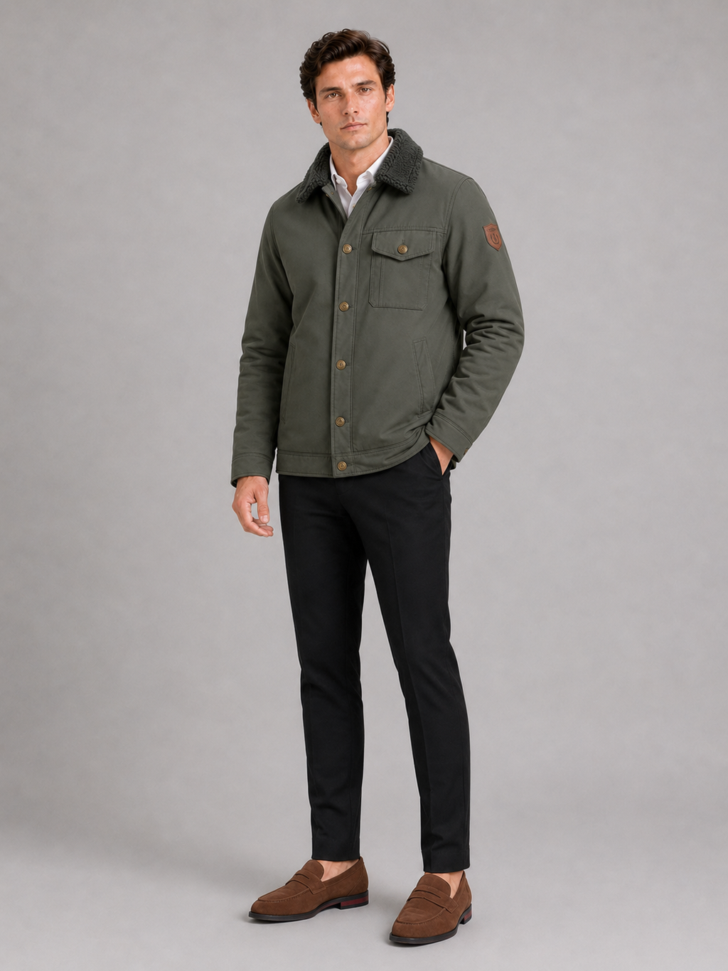 Green fleece lined jacket for men thick warm outerwear for outdoor and everyday winter wear