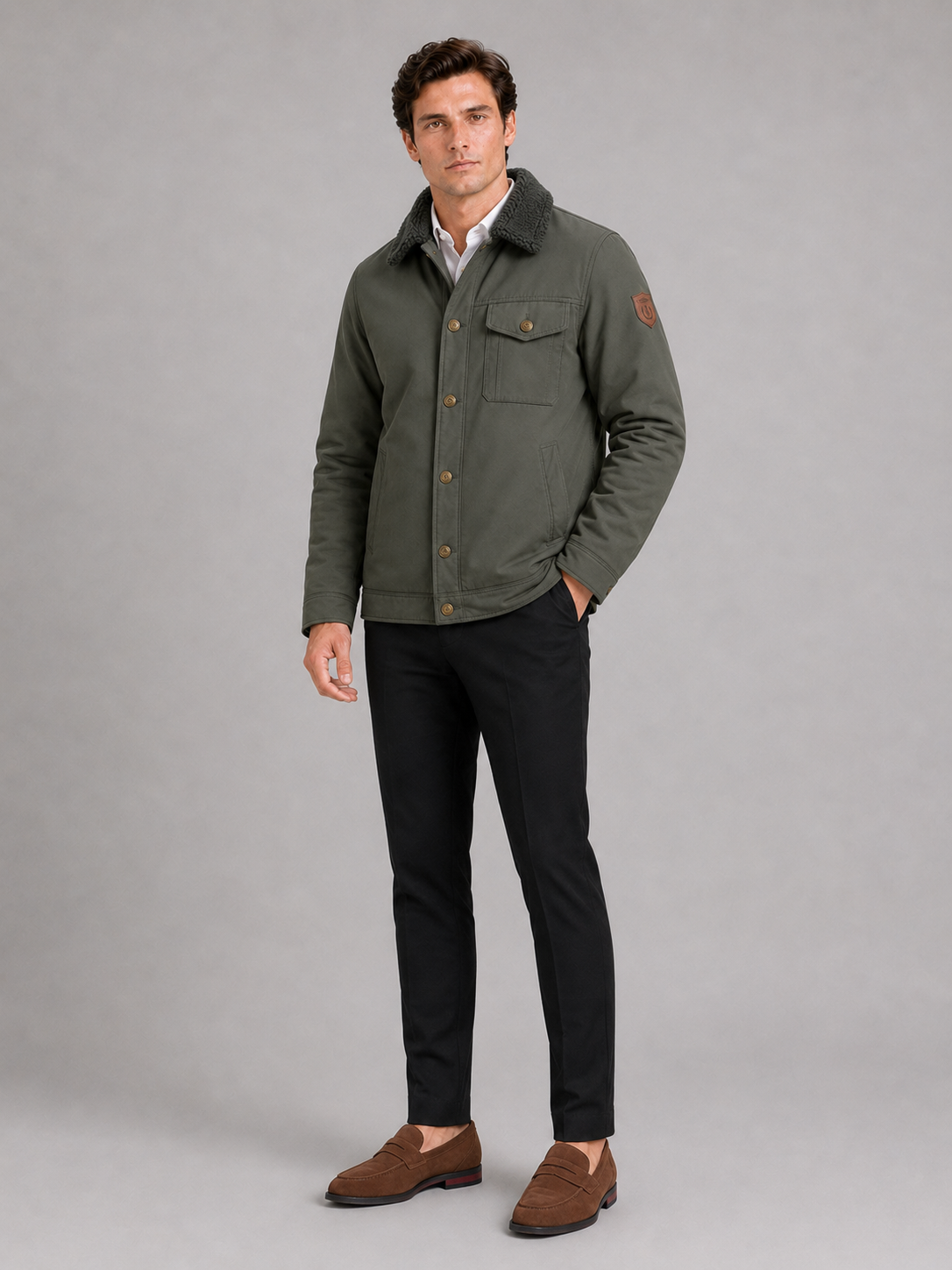 Green fleece lined jacket for men thick warm outerwear for outdoor and everyday winter wear