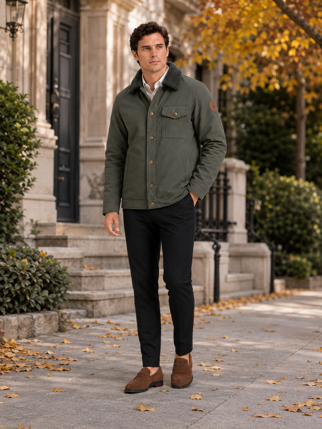 Man styling green fleece winter jacket in a rugged outdoor and everyday lifestyle outfit