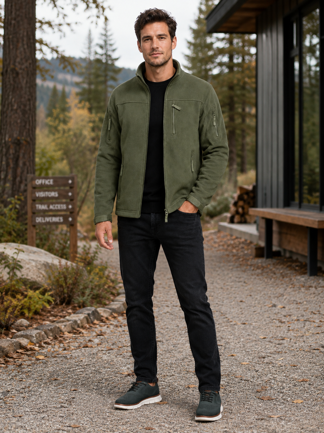 Man wearing a green windproof fleece jacket for hiking, work, and outdoor activities in fall and winter