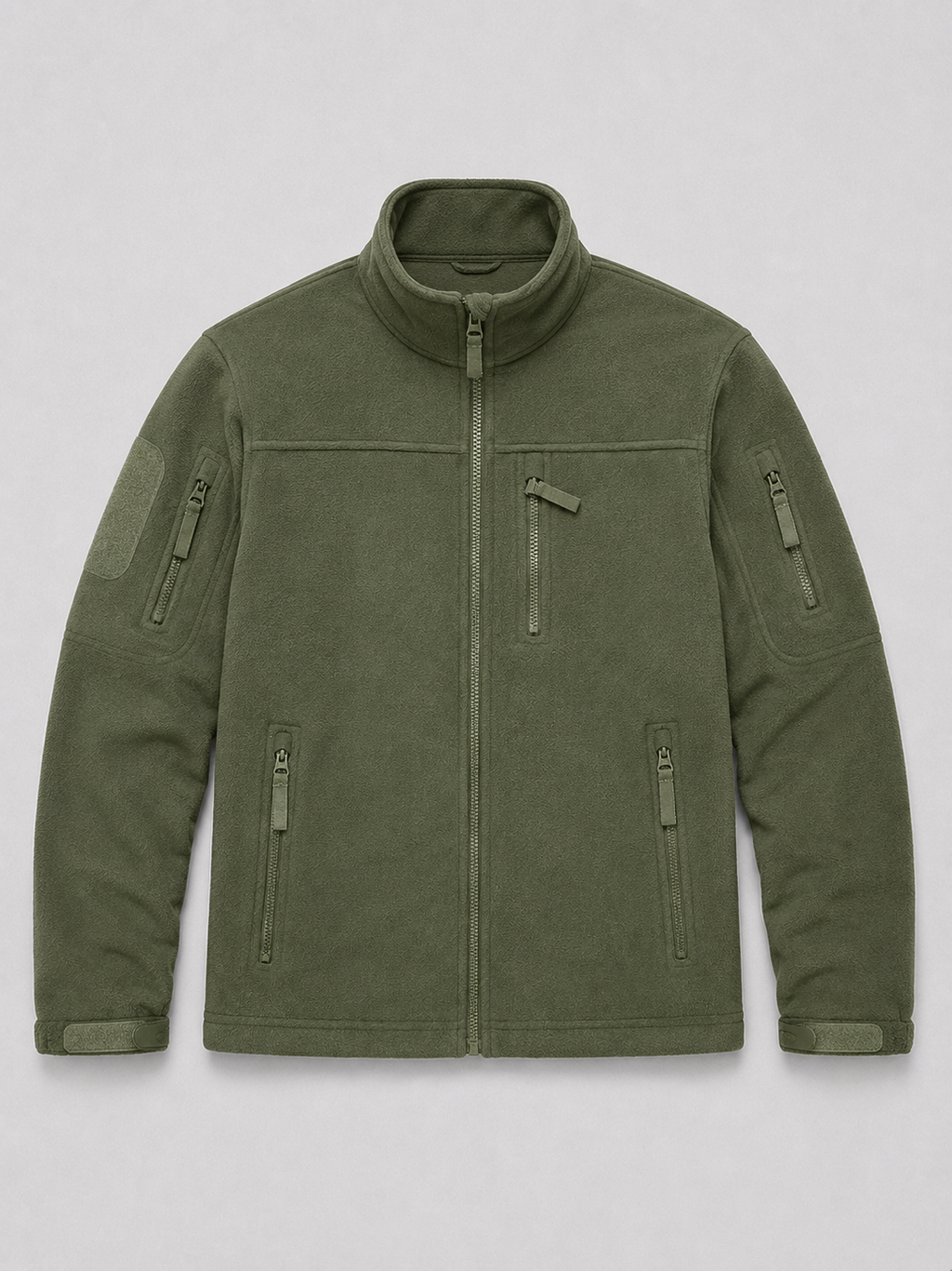 Green men’s windproof full zip fleece jacket with zipper pockets displayed on a plain background