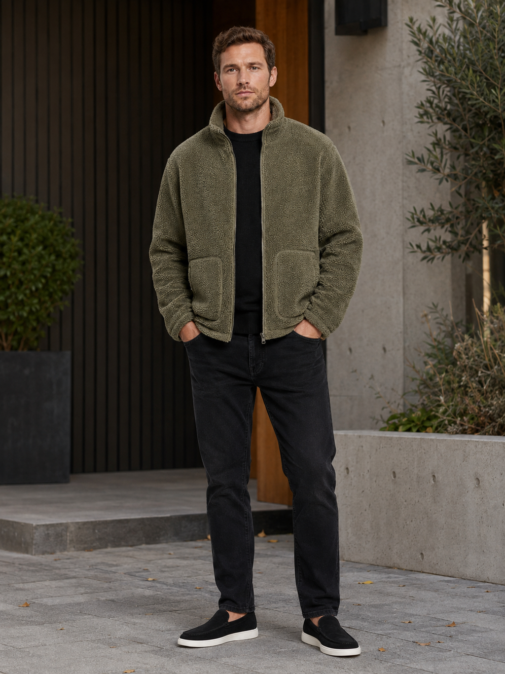 Man wearing a green full zip fleece jacket in a casual fall winter outfit for outdoor and everyday wear