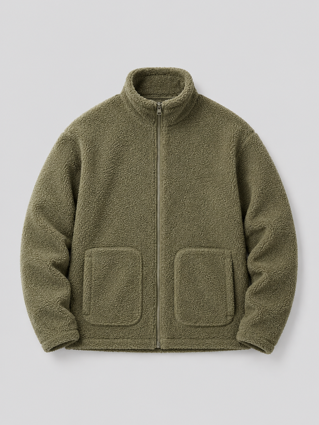 Green men’s full zip fleece jacket with a stand collar and loose fit displayed on a plain background