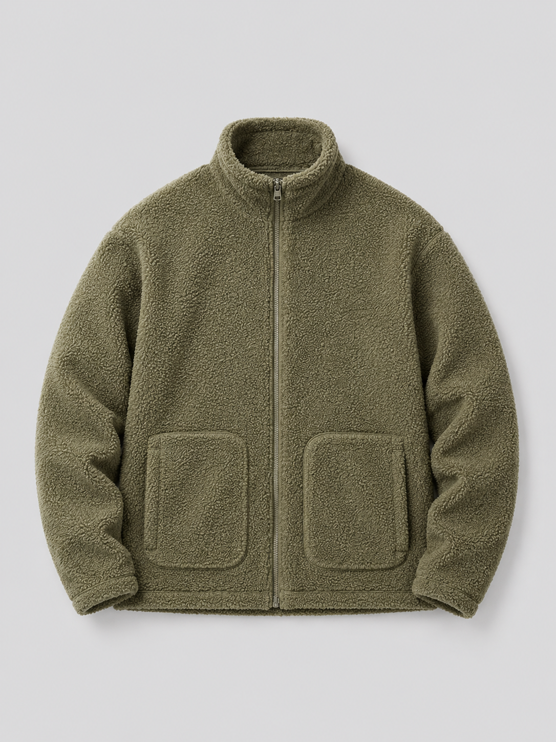 Green men’s full zip fleece jacket with a stand collar and loose fit displayed on a plain background