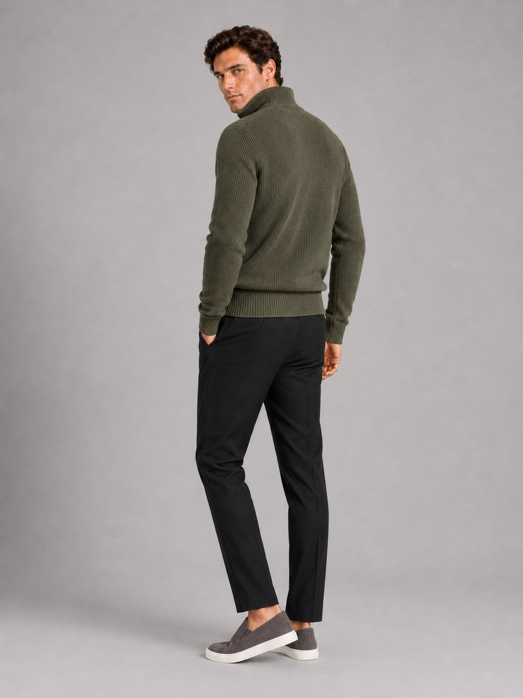 Men’s green thick knit half zip pullover comfortable sweater for casual winter outfits