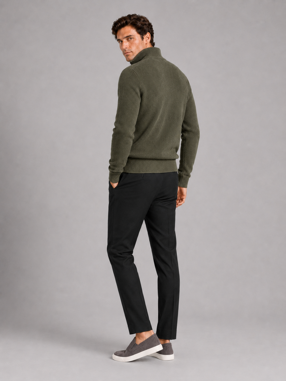 Men’s green thick knit half zip pullover comfortable sweater for casual winter outfits