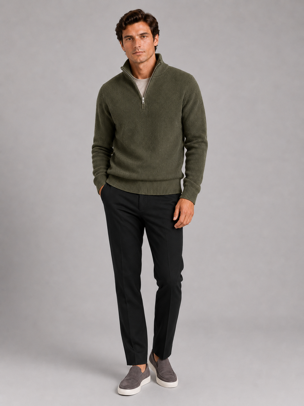 Green half zip sweater for men warm thick knit pullover for winter everyday wear