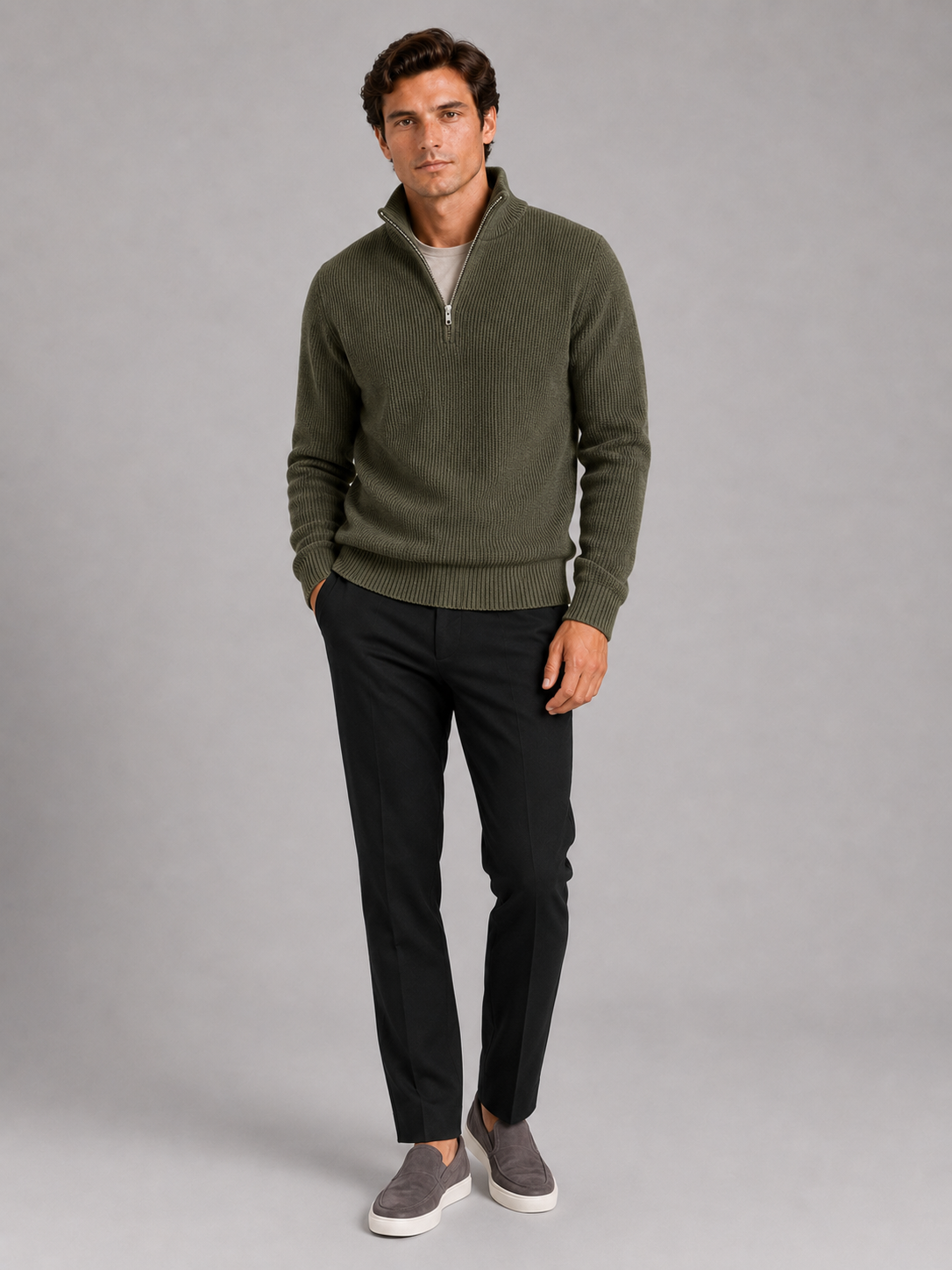 Green half zip sweater for men warm thick knit pullover for winter everyday wear