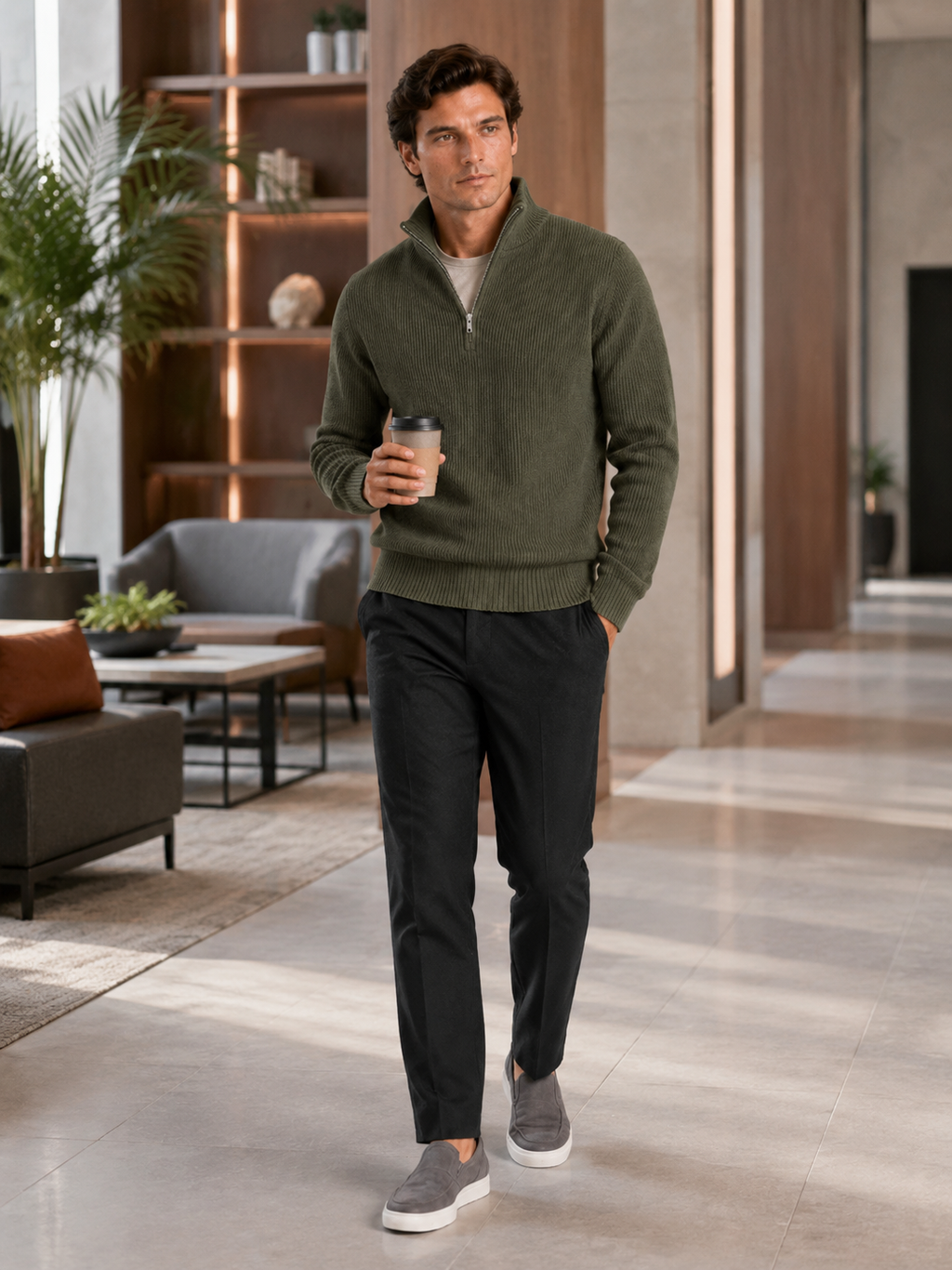 Man styling green half zip sweater in a relaxed winter lifestyle outfit