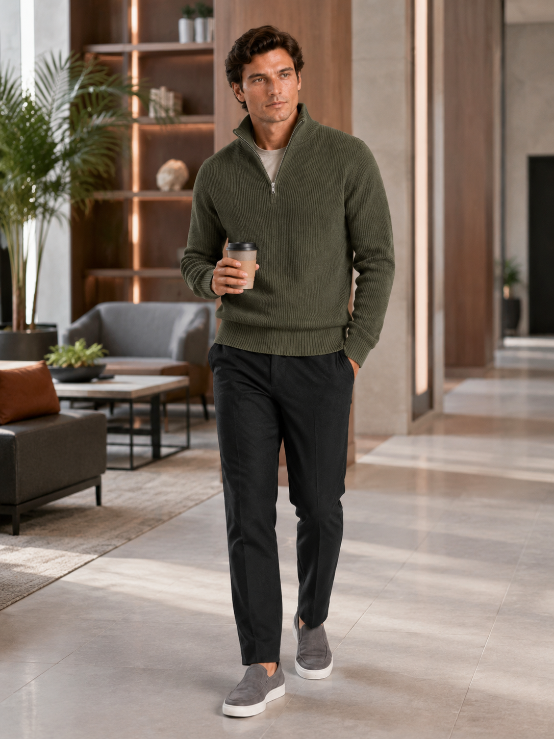 Man styling green half zip sweater in a relaxed winter lifestyle outfit