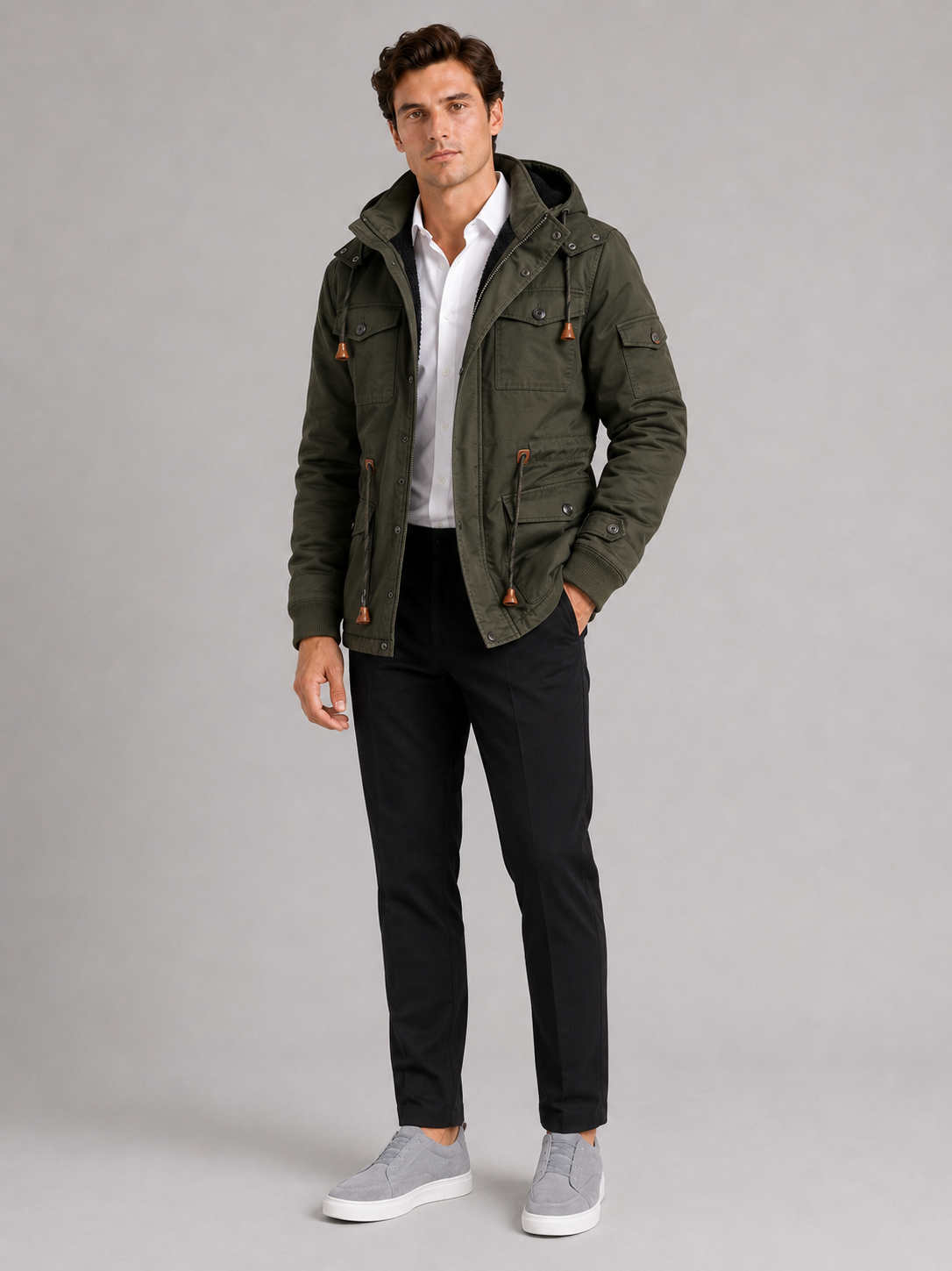 Green hooded cotton jacket for men thick warm winter coat for outdoor and everyday wear