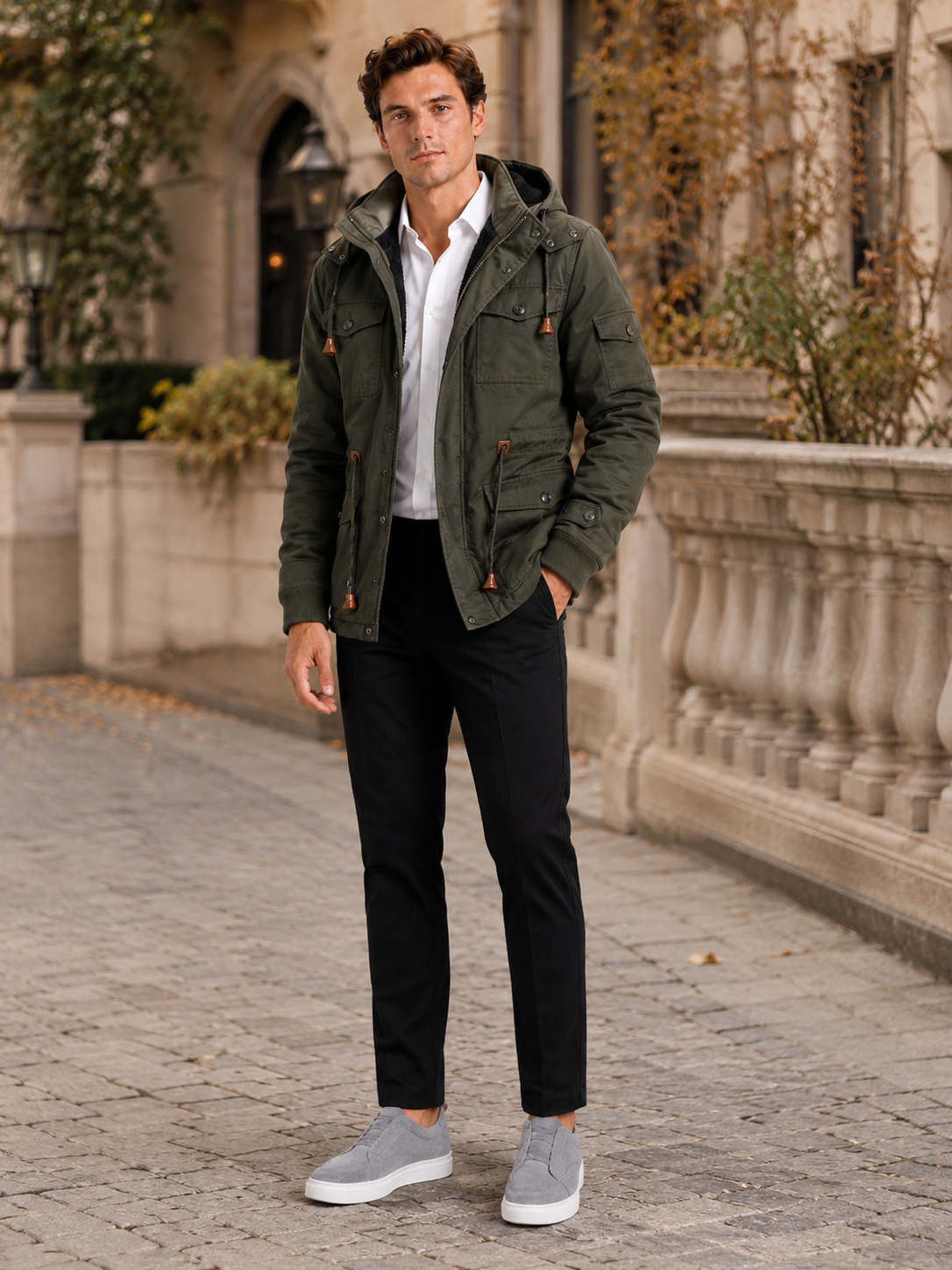 Man styling green hooded cotton jacket in a rugged outdoor and everyday winter lifestyle outfit