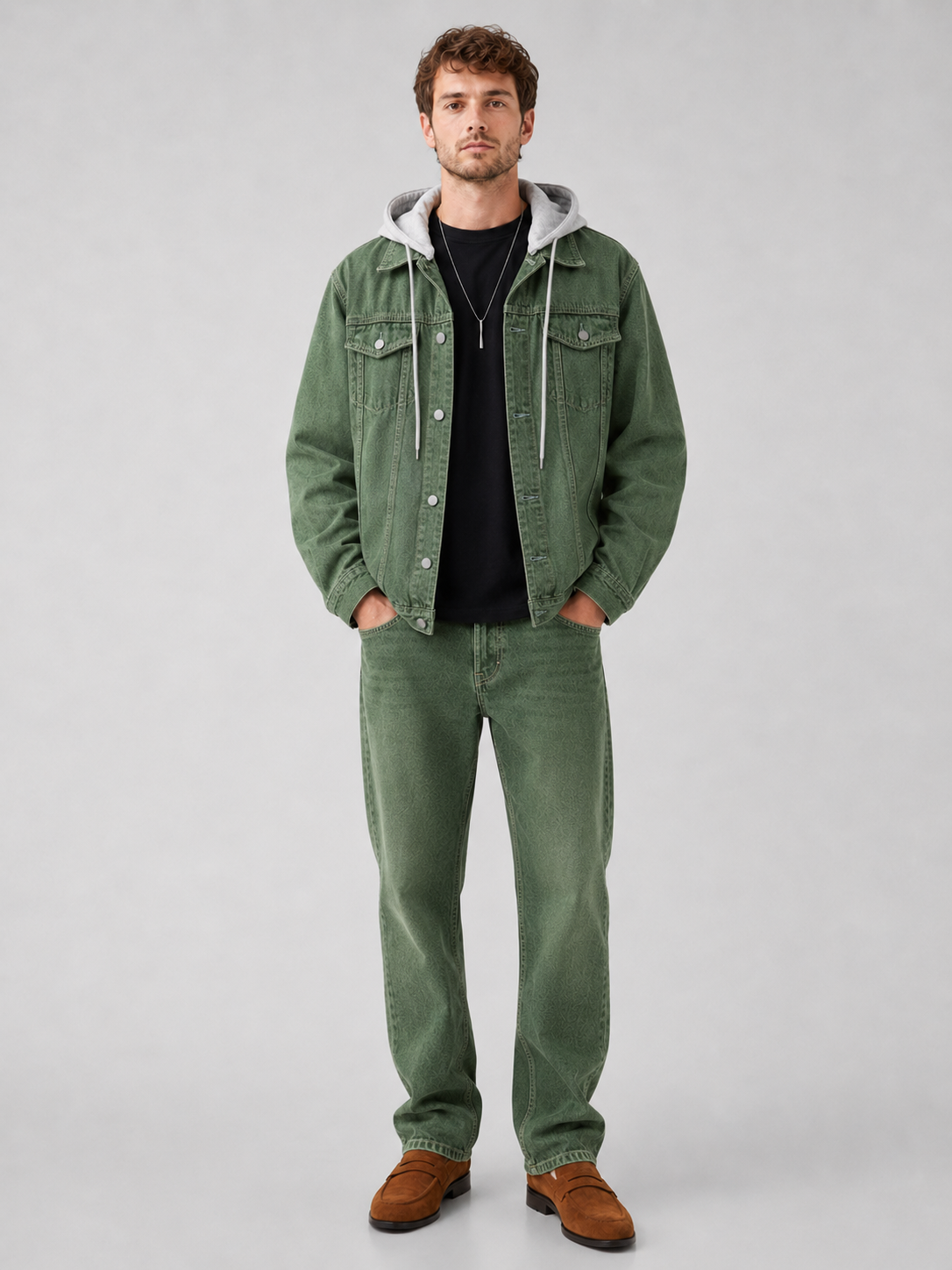 Green hooded denim jacket for men loose fit fall winter outerwear for everyday wear
