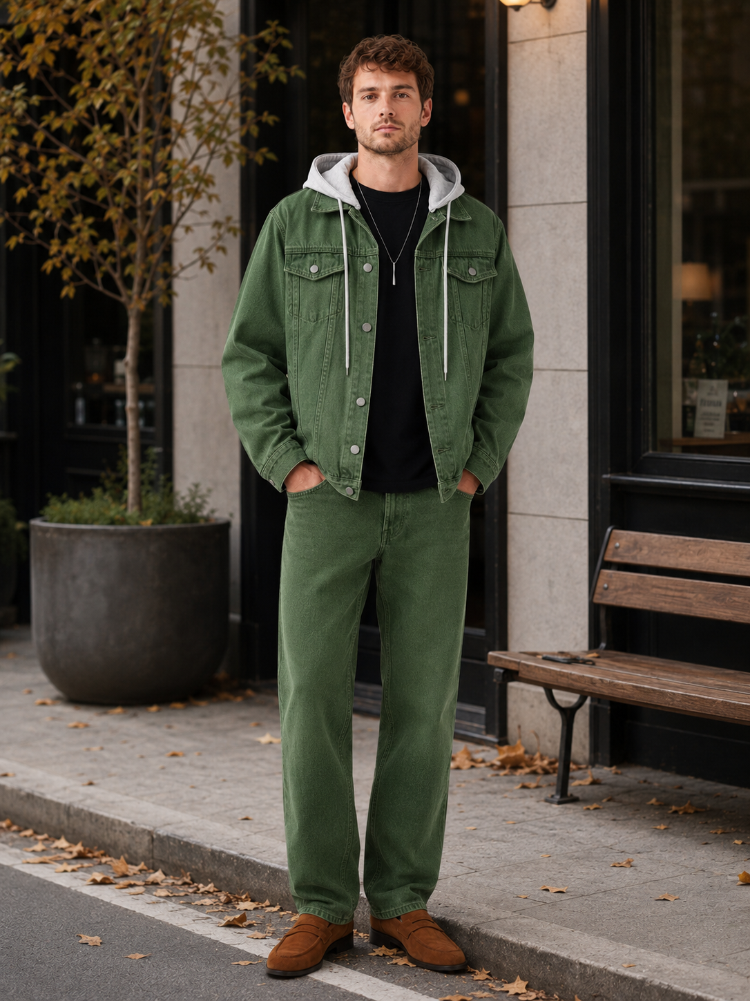Man styling green hooded denim jacket in a rugged fall winter streetwear outfit