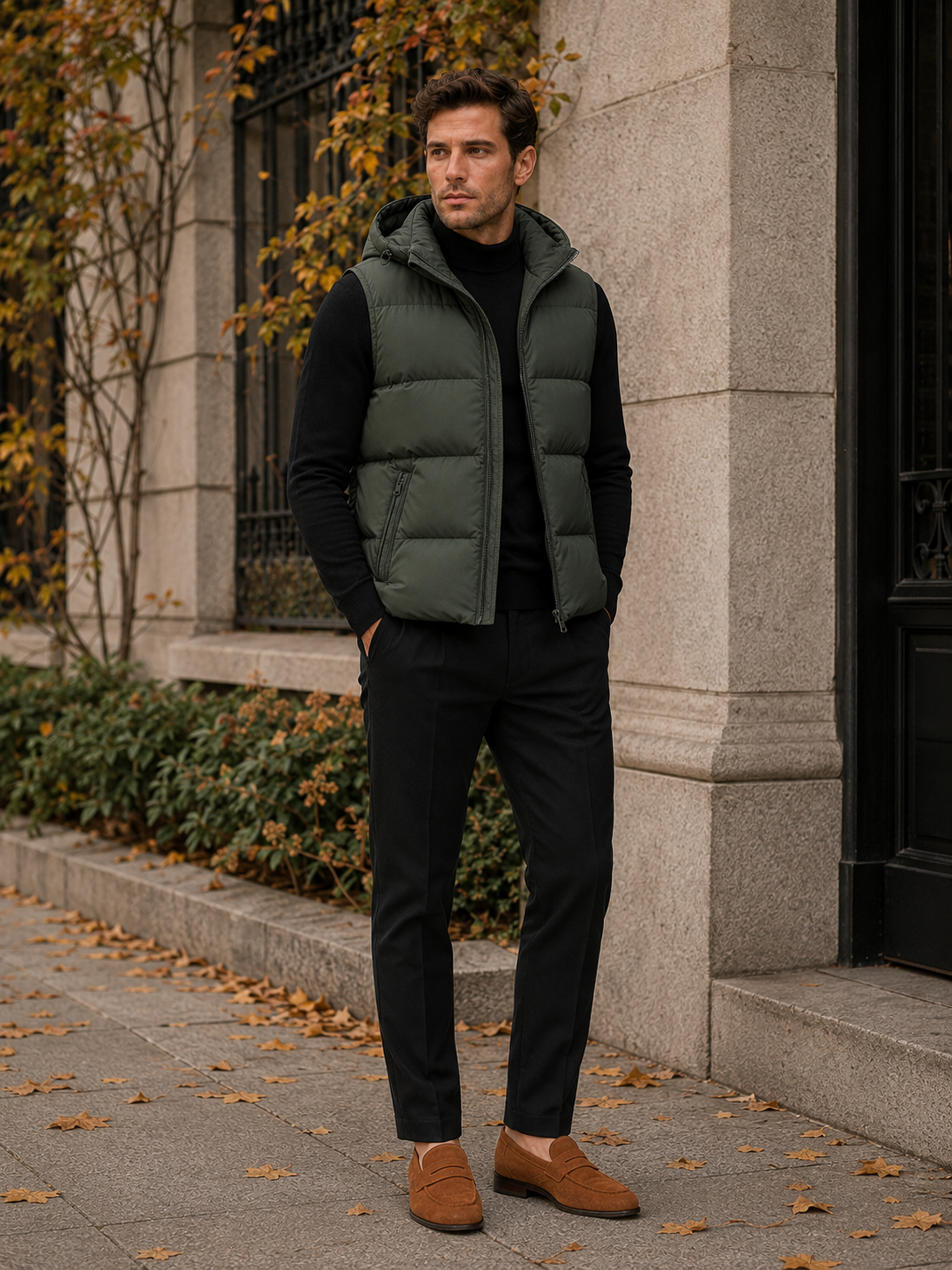 Man wearing a green hooded puffer vest in a casual fall winter outfit for outdoor and everyday wear