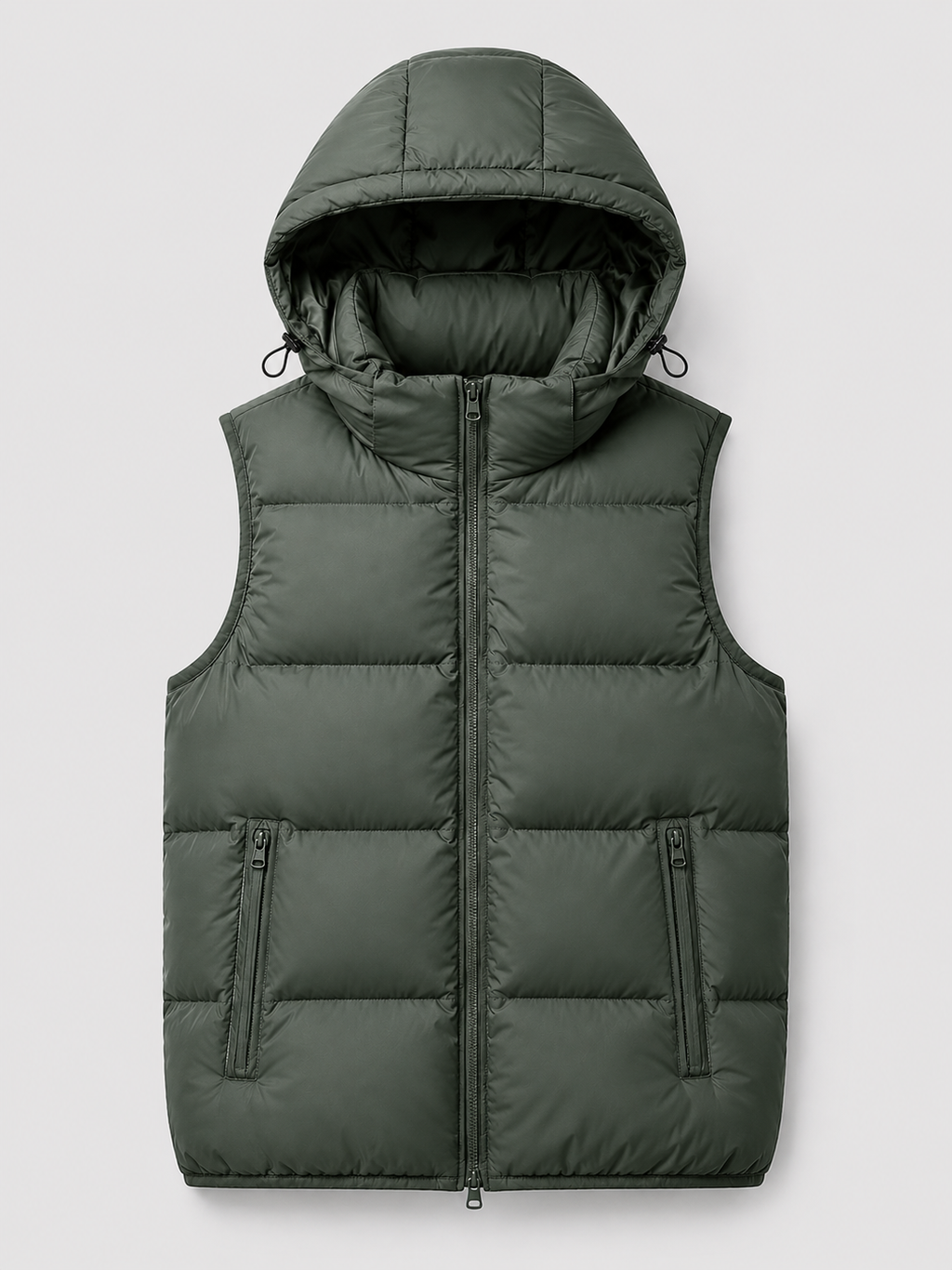 Man wearing a navy hooded puffer vest in a casual fall winter outfit for outdoor and everyday wear