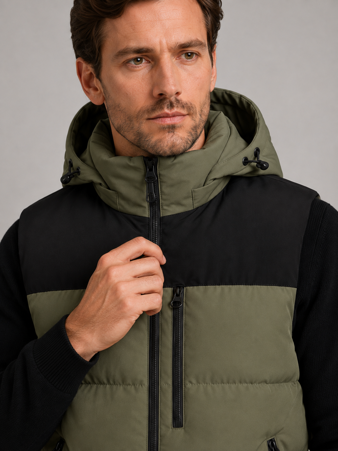 Close-up of a green hooded puffer vest showing the windproof fabric, thick insulation, zipper closure, hood, pockets, armholes, and stitching details