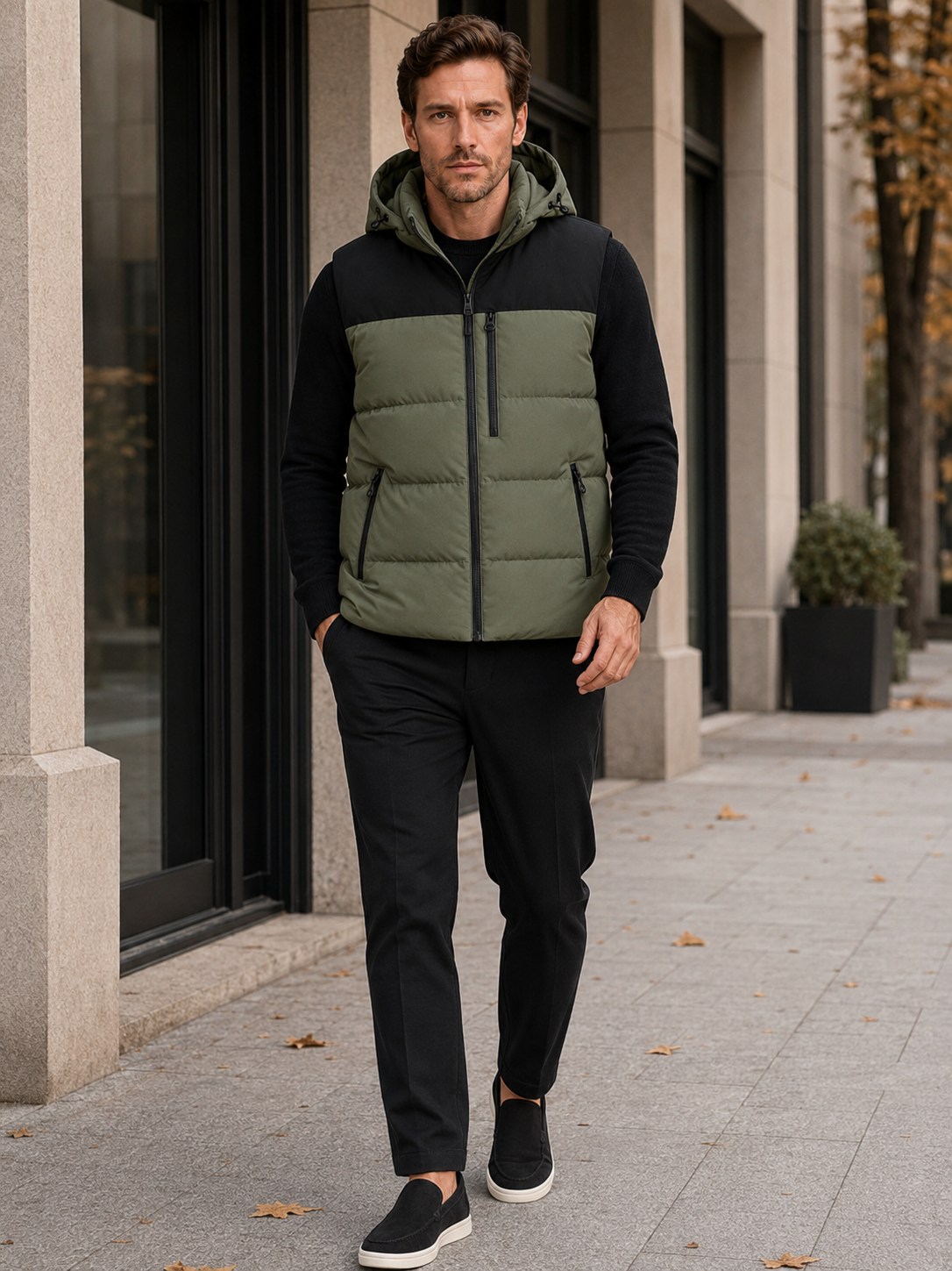 Man wearing a green hooded puffer vest in a casual fall winter outfit for outdoor and everyday wear