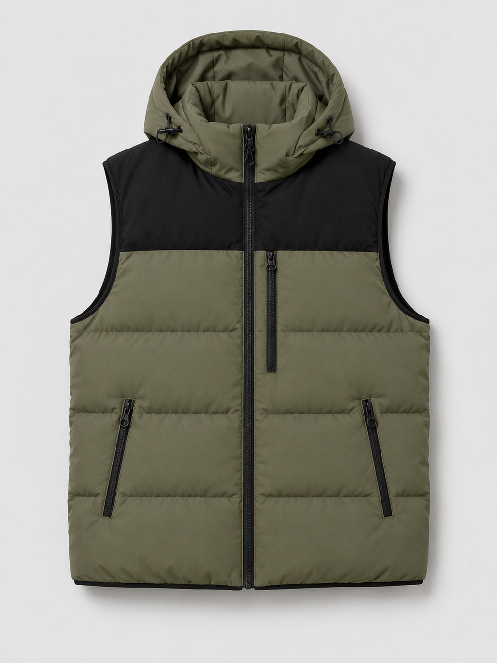 Green men’s hooded windproof puffer vest with thick padding and zip-up front displayed on a plain background